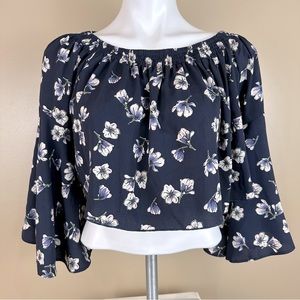 Love Navy Blue Floral Bell Sleeve Off Shoulder Crop Top Blouse Small Boho